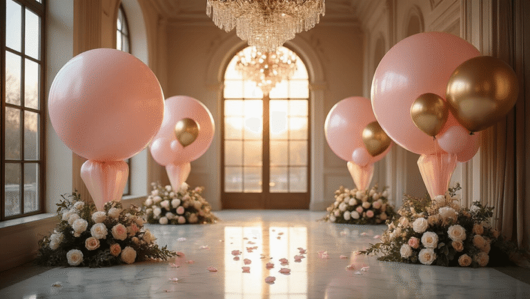Big Balloons: Everything You Need to Know About Making Your Event Unforgettable A cinematic wide-angle view of an elegant event space with oversized blush pink and metallic gold balloons of various sizes, dramatic golden hour lighting, cascading silk balloon ribbons on polished marble floors, crystal chandeliers, fresh white roses and eucalyptus garlands, scattered rose petals, and twinkling LED lights in clear bubble balloons, creating an inviting and luxurious atmosphere.
