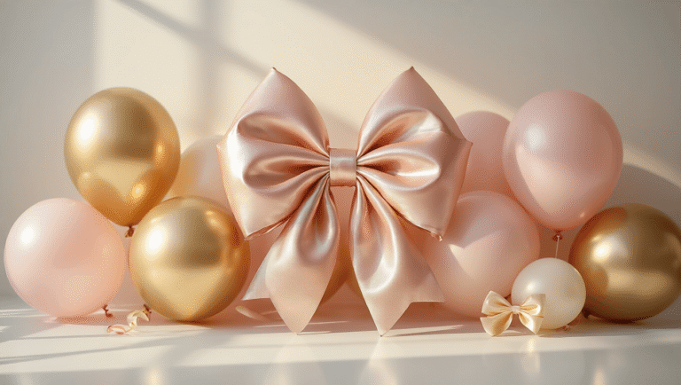 Balloons with Bows: The Party Decoration That Makes Everything Look Like You Tried (Even When You Didn't) Cinematic close-up of elegant soft pink and gold bow balloon arrangement on a clean white surface, featuring glossy latex balloons with satin bows, warm golden hour light casting delicate shadows, and a soft focus background, creating a sophisticated party styling aesthetic.