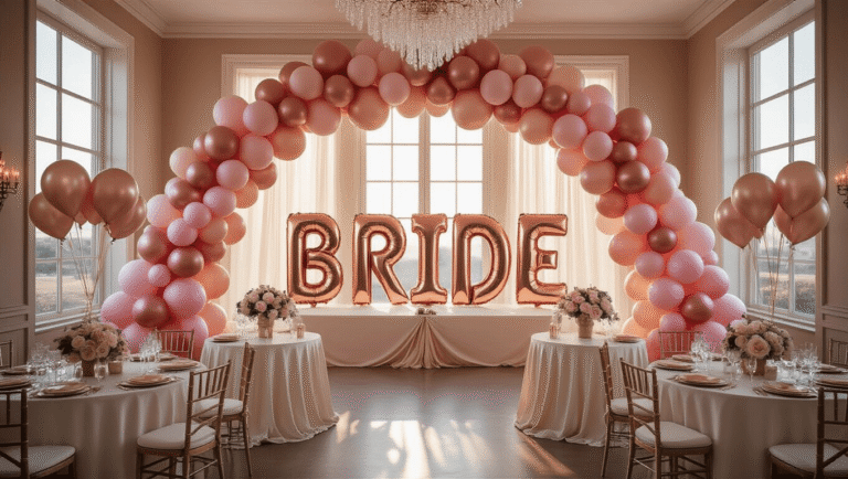 Bridal Shower Balloons: The Ultimate Guide to Creating an Unforgettable Celebration Photorealistic view of an elegant bridal shower in a ballroom, featuring a rose gold and blush pink balloon arch, organic garlands on buffet tables, giant "BRIDE" letter balloons, luxurious centerpieces, and warm ambient lighting during golden hour.