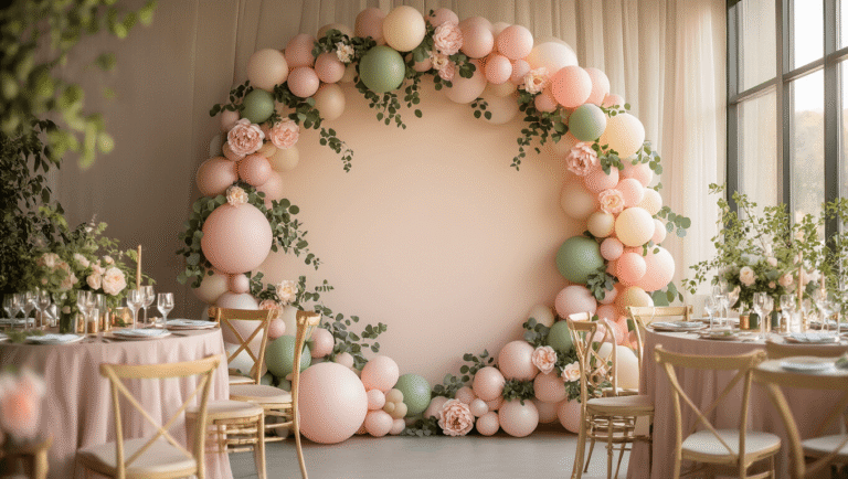 Circle Backdrop with Balloons: The Party Installation That'll Make Your Guests Actually Want Photos Elegant circular balloon backdrop installation in blush pink, sage green, and cream tones, featuring faux peonies and eucalyptus, illuminated in golden hour lighting with softly blurred party tables in the background.