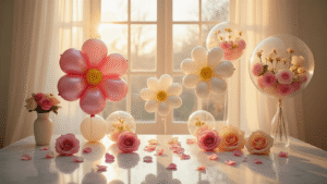 Flower Balloons: Everything You Need to Know About These Party Showstoppers Elegant party setup featuring large foil flower balloons in soft pink and white with yellow centers, hand-twisted balloon roses, and clear balloons with faux florals, all bathed in warm golden hour lighting against a white backdrop.