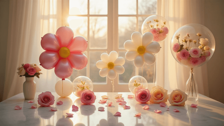 Flower Balloons: Everything You Need to Know About These Party Showstoppers Elegant party setup featuring large foil flower balloons in soft pink and white with yellow centers, hand-twisted balloon roses, and clear balloons with faux florals, all bathed in warm golden hour lighting against a white backdrop.