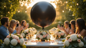 Gender Reveal Balloons: Every Creative Way to Pop the Big News (Without Losing Your Mind) A cinematic outdoor garden party at golden hour, featuring a large matte black balloon centerpiece on a white table with gold accents, surrounded by hydrangeas and roses; guests eagerly hold phones as soft sunlight filters through string lights.