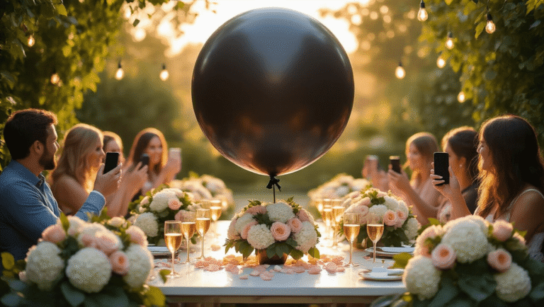 Gender Reveal Balloons: Every Creative Way to Pop the Big News (Without Losing Your Mind) A cinematic outdoor garden party at golden hour, featuring a large matte black balloon centerpiece on a white table with gold accents, surrounded by hydrangeas and roses; guests eagerly hold phones as soft sunlight filters through string lights.