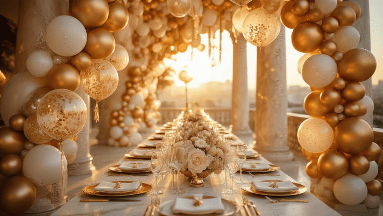 Gold Balloon Decorations: Everything You Need to Transform Your Party Space Elegant party space adorned with cascading gold balloon garlands and metallic clusters, bathed in warm golden hour light, featuring marble columns, ivory silk table linens, and shimmering crystal glassware, creating an inviting and sophisticated atmosphere.