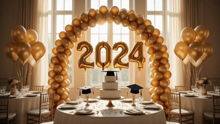 Graduation Balloons: Your Complete Guide to Celebrating This Massive Achievement Cinematic wide shot of an elegant ballroom decorated for a graduation celebration, featuring a golden foil balloon arch, ivory silk-draped tables, metallic graduation cap centerpieces, and a tiered cake, all illuminated by warm sunlight.