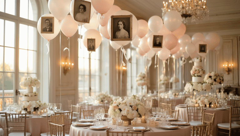 Balloons with Pictures Attached: Everything You Need to Know About Custom Photo Balloons Cinematic wide shot of an elegant indoor party with floating photo balloons featuring vintage family portraits, warm golden hour lighting, blush pink silk table linens, and guests in formal attire admiring the decorations, creating a nostalgic and luxurious atmosphere.