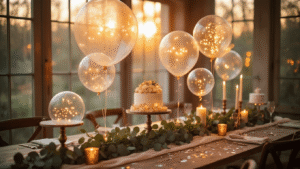 Light Up Balloons: Everything You Need to Know Before Your Next Party A beautifully styled evening party setup featuring glowing LED balloons, rustic wooden tables adorned with silk runners and eucalyptus garlands, warm golden hour lighting, and a soft bokeh background, creating an intimate and luxurious atmosphere.