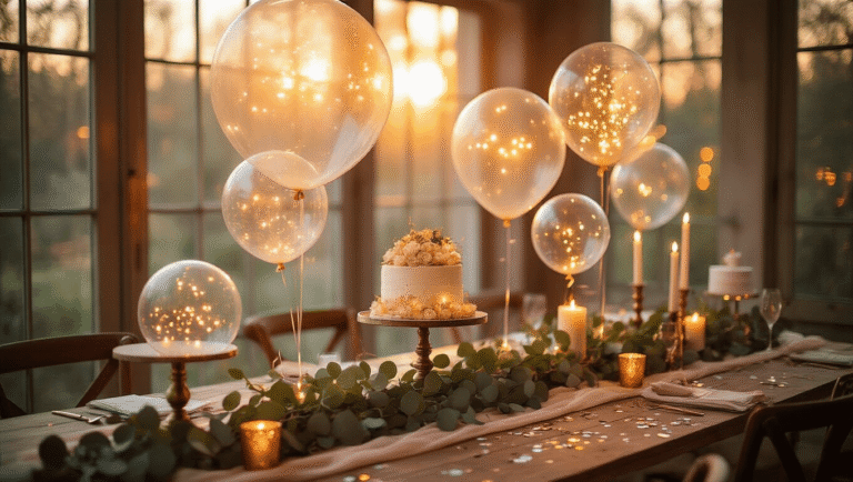 Light Up Balloons: Everything You Need to Know Before Your Next Party A beautifully styled evening party setup featuring glowing LED balloons, rustic wooden tables adorned with silk runners and eucalyptus garlands, warm golden hour lighting, and a soft bokeh background, creating an intimate and luxurious atmosphere.