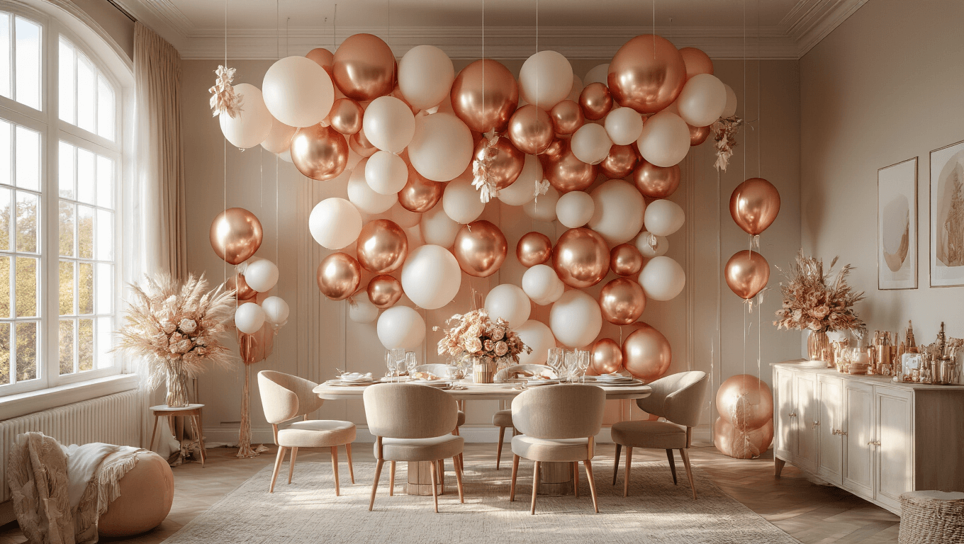 Photorealistic wide-angle image of a beautifully decorated living room featuring suspended rose gold and cream foil balloons, warm golden hour light, elegant dining table with fine china, and a backdrop of balloon installations, creating a cozy and inviting atmosphere.