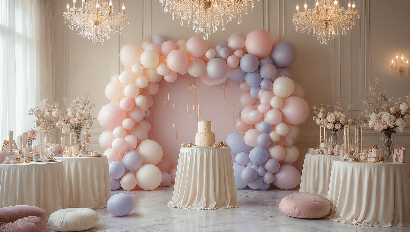 Cinematic wide-angle shot of an elegant indoor birthday celebration with pastel balloon wall installation, crystal chandeliers, ivory tables, and cozy lighting, creating an intimate and inviting atmosphere.