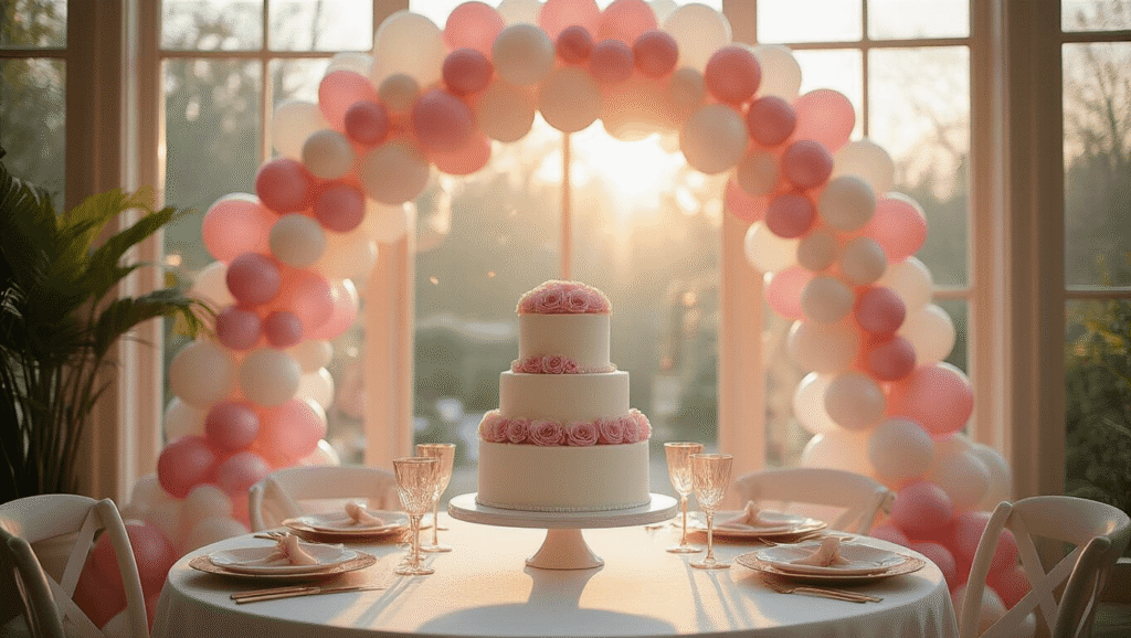 Pink and White Balloons for Party Decorations: Your Complete Guide to Creating Instagram-Worthy Celebrations Elegant indoor birthday celebration featuring a 12-foot pink and white balloon garland arch, a three-tiered white cake with pink roses, and warm ambient lighting creating a festive atmosphere.