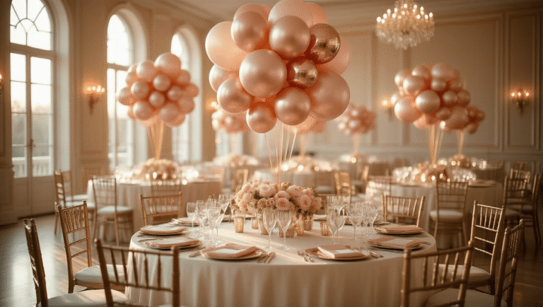 Where to Find the Best Party Balloons in Canada (Without Losing Your Mind) Cinematic wide shot of a luxurious ballroom adorned with rose gold and blush pink balloon clusters, crystal glassware, and velvet chairs, bathed in warm golden hour light, creating an inviting and elegant atmosphere.
