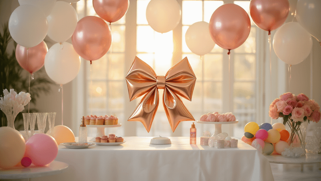 Bow Balloons: Everything You Need to Know About Creating Show-Stopping Party Decor Elegant party setup with oversized rose gold and white foil bow balloons above a modern white dessert table, bathed in soft golden hour light, featuring a giant metallic bow balloon centerpiece, scattered pink latex balloons, and a pristine white tablecloth, creating an inviting ambiance.