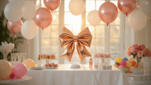 Bow Balloons: Everything You Need to Know About Creating Show-Stopping Party Decor Elegant party setup with oversized rose gold and white foil bow balloons above a modern white dessert table, bathed in soft golden hour light, featuring a giant metallic bow balloon centerpiece, scattered pink latex balloons, and a pristine white tablecloth, creating an inviting ambiance.