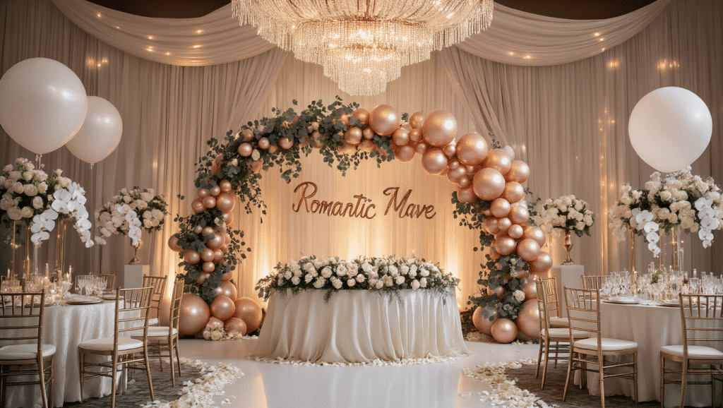 Bride Balloons: Everything You Need to Know About Balloon Décor for Your Big Day Cinematic wide shot of an elegant wedding venue with sophisticated rose gold and champagne metallic balloon decor, organic garlands, dramatic uplighting, luxurious draping, crystal chandeliers, and textured letter balloons spelling romantic messages, creating a romantic atmosphere with ivory linens and scattered white orchid petals.