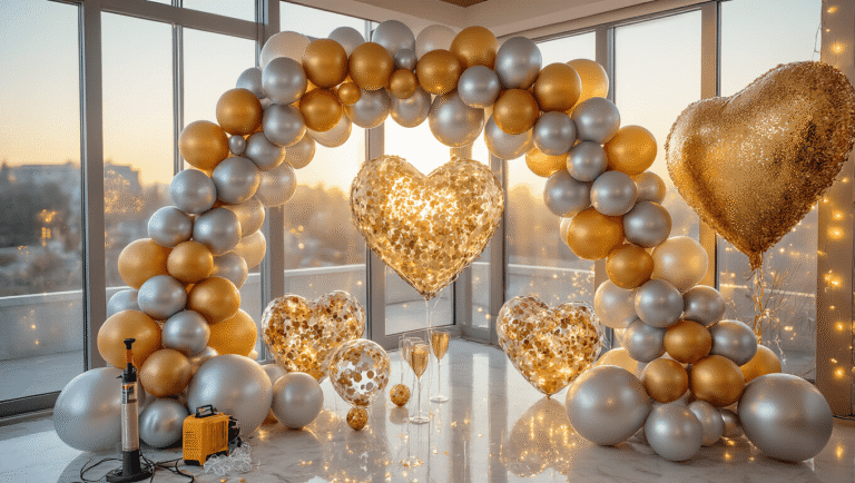 Balloon Decorations That'll Make Your Guests Say "Wow" (Without Breaking Your Budget) Cinematic wide-angle shot of an elegant party space adorned with a sophisticated silver and gold balloon arch, featuring a mix of sizes and LED light-up balloons, heart-shaped arrangements, and fairy lights, all set in warm golden hour lighting on a marble table.