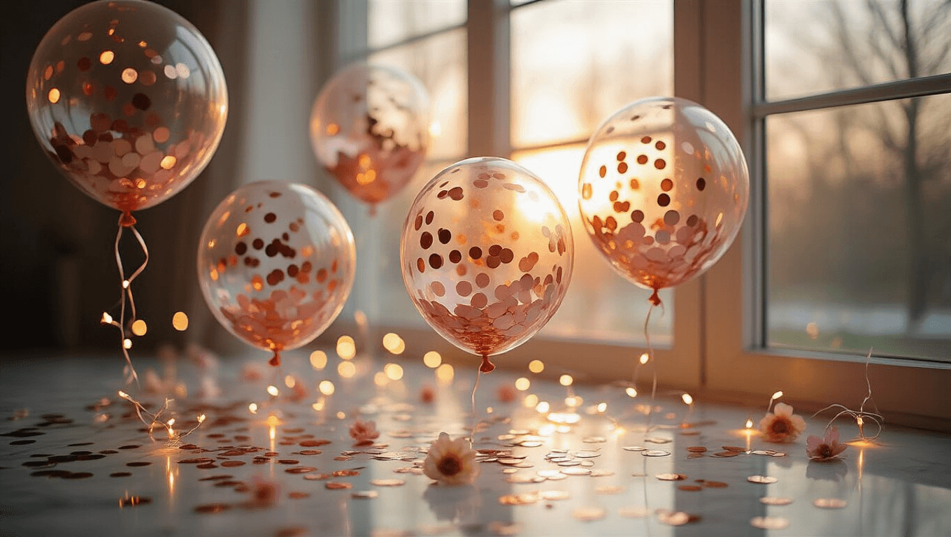 Cinematic wide-angle shot of elegant transparent balloons filled with rose gold confetti and LED lights, capturing sunlight and creating prismatic reflections against a soft-focus marble background scattered with metallic confetti and curling ribbons.