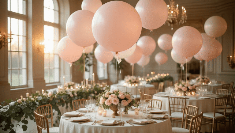 Tulle Balloons: The Elegant Party Decor That Made Me Ditch Traditional Centerpieces Luxurious ballroom at golden hour with oversized blush pink tulle balloons floating above elegantly set tables adorned with ivory silk linens, crystal glassware, eucalyptus garlands, and romantic candlelight, creating a dreamy celebration atmosphere.