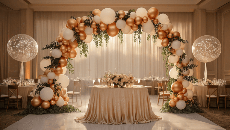 Wedding Balloons: The Ultimate Guide to Elegant Balloon Décor That Won't Make Your Reception Look Like a Kid's Party Cinematic wide shot of an elegant ballroom reception featuring a stunning asymmetrical balloon arch in champagne, white, and rose gold tones, adorned with eucalyptus garland, warm ambient lighting, and silk table linens, with floating clear confetti-filled centerpiece balloons and romantic shadows on polished floors.