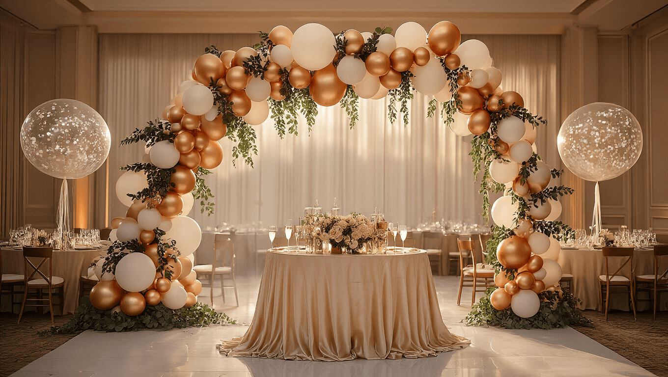 Cinematic wide shot of an elegant ballroom reception featuring a stunning asymmetrical balloon arch in champagne, white, and rose gold tones, adorned with eucalyptus garland, warm ambient lighting, and silk table linens, with floating clear confetti-filled centerpiece balloons and romantic shadows on polished floors.