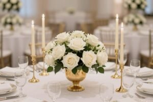 Elegant Wedding Centerpieces That Look Designer (Luxury Ideas for 2026) elegant wedding centerpieces with white roses and gold candle holders on luxury reception table