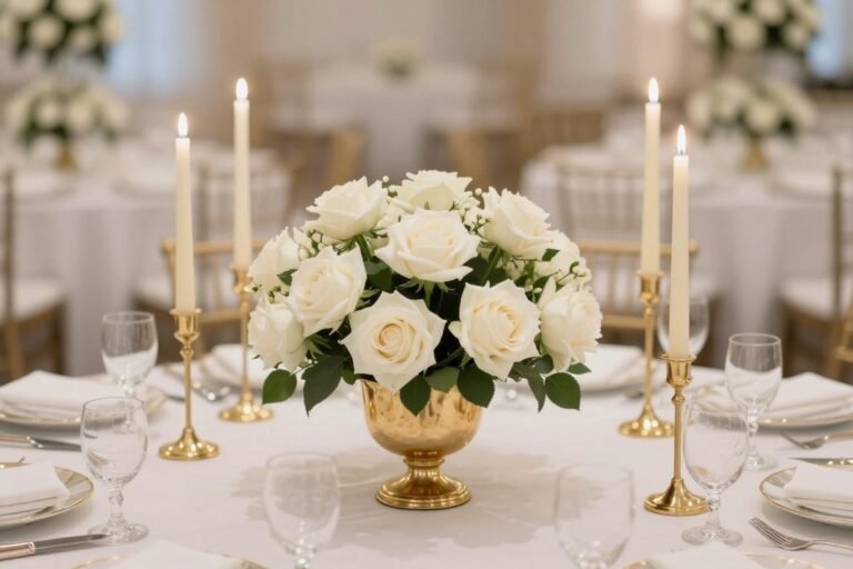 Elegant Wedding Centerpieces That Look Designer (Luxury Ideas for 2026) elegant wedding centerpieces with white roses and gold candle holders on luxury reception table