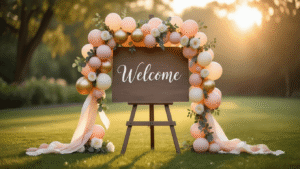 Welcome Sign with Balloon Garland: Your Complete Guide to Creating Show-Stopping Party Entrances Elegant welcome sign on wooden easel with personalized calligraphy, adorned with a cascading balloon garland in soft blush pink, champagne gold, and ivory, accented with eucalyptus and white garden roses, set on a manicured lawn during golden hour, with warm ambient lighting, bokeh background, silk ribbons flowing gently, and dewdrops on grass, creating a romantic atmosphere with twinkling fairy lights.