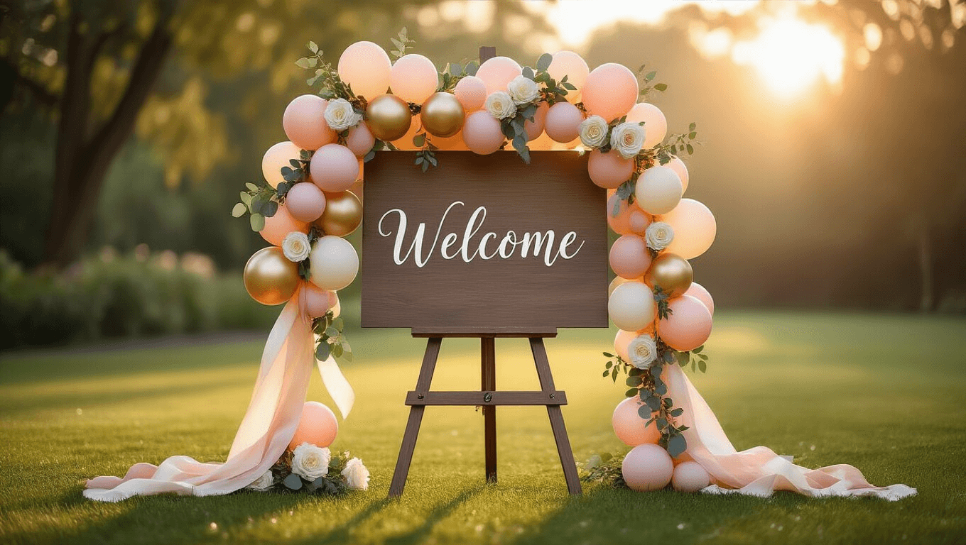 Elegant welcome sign on wooden easel with personalized calligraphy, adorned with a cascading balloon garland in soft blush pink, champagne gold, and ivory, accented with eucalyptus and white garden roses, set on a manicured lawn during golden hour, with warm ambient lighting, bokeh background, silk ribbons flowing gently, and dewdrops on grass, creating a romantic atmosphere with twinkling fairy lights.