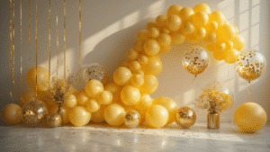 Yellow Balloons: Everything You Need to Know for Your Next Party Cinematic wide shot of elegant yellow balloon arrangements in soft golden hour lighting, featuring layered arches of matte and metallic balloons, confetti-filled transparent balloons, ribbon streamers, and crystal weights on marble surfaces, set against a clean white backdrop.