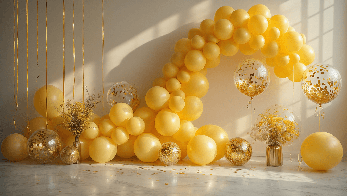 Cinematic wide shot of elegant yellow balloon arrangements in soft golden hour lighting, featuring layered arches of matte and metallic balloons, confetti-filled transparent balloons, ribbon streamers, and crystal weights on marble surfaces, set against a clean white backdrop.