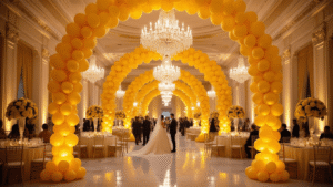 Yellow Latex Balloons: Your Complete Guide to Finding the Perfect Party Pop of Sunshine Cinematic wide-angle view of an elegant ballroom adorned with yellow balloon arrangements, crystal chandeliers, and floral centerpieces, bathed in warm golden hour light, creating a luxurious celebratory atmosphere.