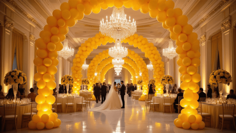 Yellow Latex Balloons: Your Complete Guide to Finding the Perfect Party Pop of Sunshine Cinematic wide-angle view of an elegant ballroom adorned with yellow balloon arrangements, crystal chandeliers, and floral centerpieces, bathed in warm golden hour light, creating a luxurious celebratory atmosphere.