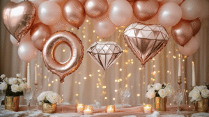 Engagement Balloons: Everything You Need to Know About Choosing the Perfect Party Decor Cinematic close-up of an elegant engagement balloon display with rose gold diamond ring balloons, layered heart balloons, and a cascading garland in blush pink and champagne, surrounded by crystal glassware, white roses, and soft candlelight in a romantic ballroom setting.