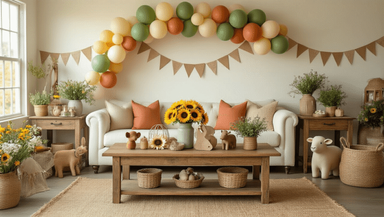 House of Party Kits: Why I'm Ditching the DIY Disaster for Ready-Made Party Magic Cinematic overhead shot of a bright living room with rustic wooden coffee table adorned with farm-themed party decorations, featuring balloon garlands, sunflowers in mason jars, and cozy textures, illuminated by warm golden hour lighting.