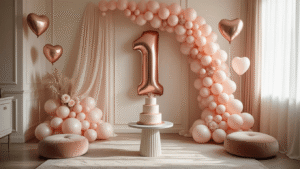 First Birthday Balloons: Everything You Need to Know About Making Your Baby's Big Day Pop Cinematic wide shot of a first birthday celebration in an elegant living room, featuring a blush pink and cream balloon garland, oversized rose gold number '1' balloon, plush velvet floor cushions, a tiered vanilla birthday cake, silk ribbons, tulle backdrop panels, and floating heart-shaped balloons, all illuminated by soft morning light for a cozy atmosphere.