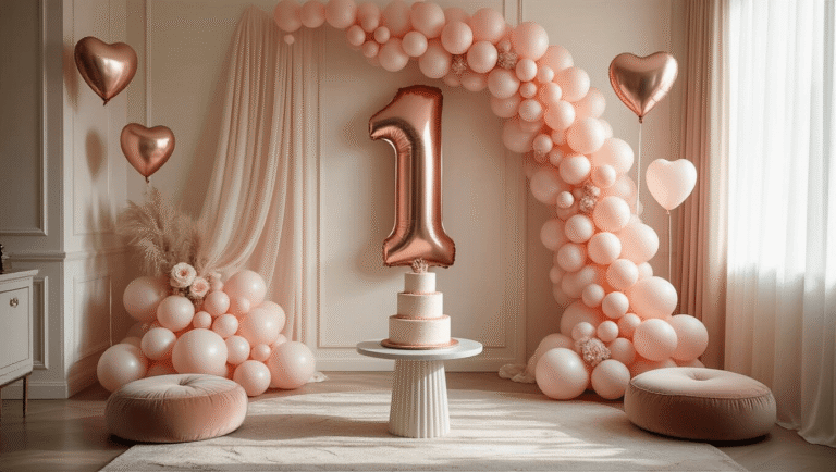 First Birthday Balloons: Everything You Need to Know About Making Your Baby's Big Day Pop Cinematic wide shot of a first birthday celebration in an elegant living room, featuring a blush pink and cream balloon garland, oversized rose gold number '1' balloon, plush velvet floor cushions, a tiered vanilla birthday cake, silk ribbons, tulle backdrop panels, and floating heart-shaped balloons, all illuminated by soft morning light for a cozy atmosphere.