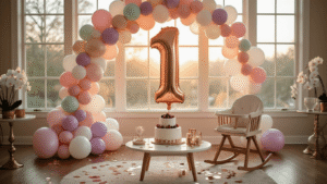 First Birthday Balloons: The Complete Guide to Making Your Baby's Big Day Picture-Perfect An elegant first birthday celebration setup featuring a large rose gold number 1 balloon, pastel balloon garland, confetti-filled balloons, a rustic high chair, a three-tier vanilla cake with berries, and warm ambient lighting, creating an inviting family atmosphere.