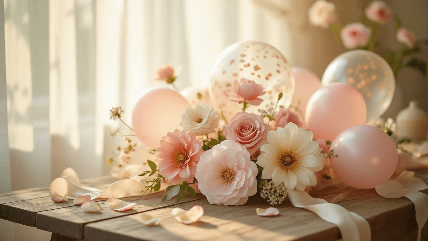 Elegant floral balloon arrangement on a rustic wooden table, showcasing clear balloons filled with pastel artificial flowers, blush pink and ivory flower-shaped foil balloons, and watercolor-printed latex balloons, all bathed in warm golden hour light with soft bokeh effects, complemented by delicate ribbon textures and scattered fresh petals.