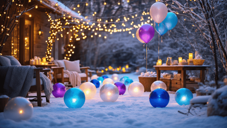 Frozen Balloons: Everything You Need to Know About Party Decor and DIY Ice Magic Cinematic winter garden party with glowing ice balloons in blues and purples, string lights, wooden furniture, hot chocolate stations, Disney Frozen character balloons, and soft golden hour lighting creating a cozy family atmosphere.