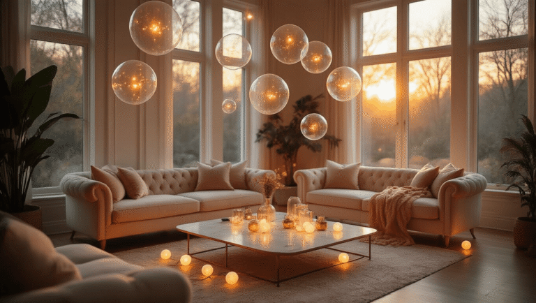 Light Balloons: The Glowing Secret to Transforming Any Space Into Pure Magic Cinematic overhead view of an elegant living room at golden hour, showcasing translucent bubble balloons with warm LED lights, plush velvet furniture in cream and blush tones, scattered LED fairy lights on a marble coffee table, and rich hardwood floors, all creating a magical floating ambiance illuminated by soft sunlight.