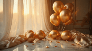Gold Balloons: Everything You Need to Know Before Your Next Celebration Cinematic close-up of luxurious gold balloons on a marble surface, warm golden hour lighting filtering through sheer curtains, with rose gold accents, elegant ribbons, and sophisticated party planning materials, creating an inviting atmosphere of rich golden tones.