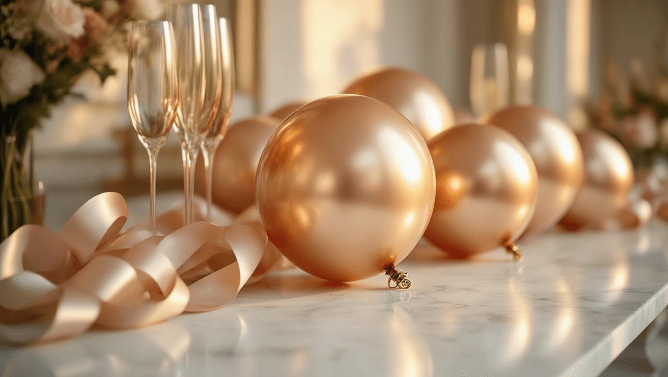 Cinematic close-up of luxurious gold and rose gold Mylar balloons on a white marble surface, adorned with decorative brass weights. Warm golden hour lighting accentuates the metallic shimmer, with a soft focus background featuring champagne flutes and silk ribbons.