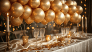 Golden Balloons: Everything You Need to Know About Adding Sparkle to Your Next Celebration Cinematic close-up of luxurious golden balloon arrangement with metallic foil and confetti on an elegant party table, featuring ivory silk linens, brass candlesticks, and crystal champagne flutes, all under warm golden hour lighting.