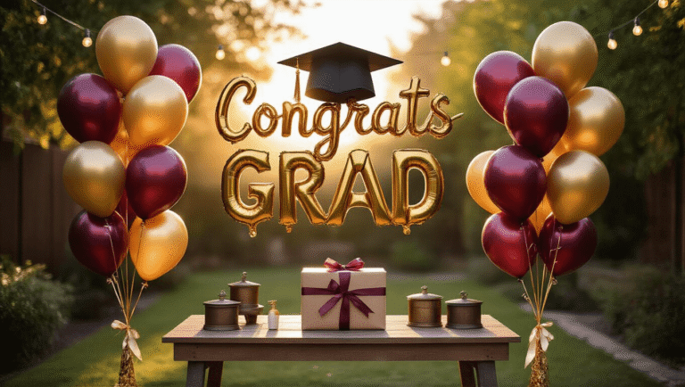 Graduation Balloons That'll Make Your Grad Feel Like a Million Bucks (Without Spending It) Elegant graduation balloon display with gold and maroon balloons in a warmly lit backyard, featuring a "CONGRATS GRAD" balloon and vintage decorations, creating a festive atmosphere with string lights and soft bokeh.