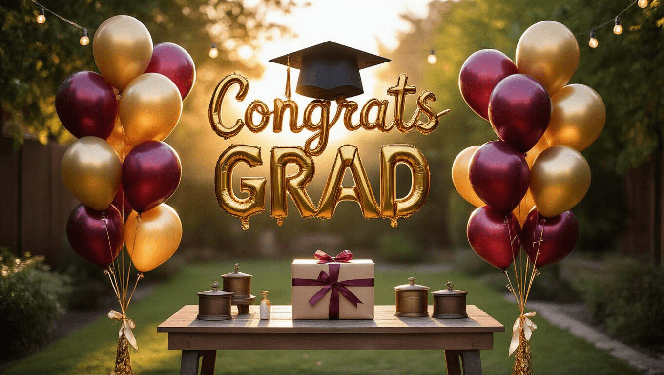 Elegant graduation balloon display with gold and maroon balloons in a warmly lit backyard, featuring a "CONGRATS GRAD" balloon and vintage decorations, creating a festive atmosphere with string lights and soft bokeh.