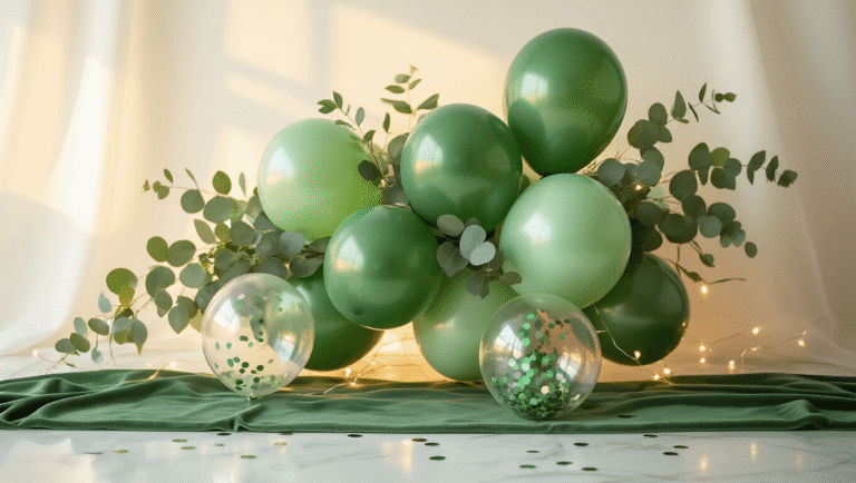 Everything You Need to Know About Green Balloons for Your Next Celebration Cinematic close-up of an elegant green balloon arrangement featuring sage and eucalyptus, with confetti-filled clear balloons scattered on a vintage marble surface, illuminated by warm golden hour lighting.
