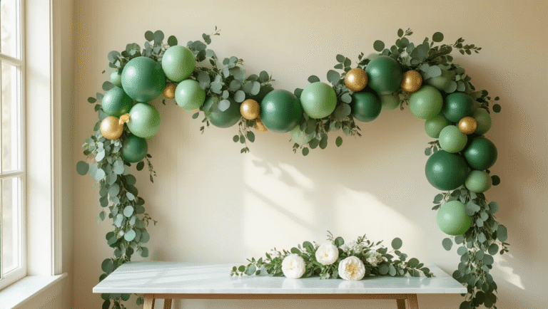 Green Balloon Decorations: Your Complete Guide to Creating Stunning Party Backdrops Cinematic wide-angle shot of an elegant green balloon garland with layered sage green, emerald, and eucalyptus balloons, interwoven with fresh eucalyptus sprigs and gold accents, set against a cream wall, with soft afternoon light illuminating delicate white peonies and gold ribbon on a marble table below.