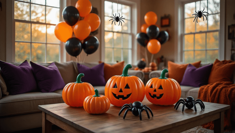 Halloween Balloon Decorations: Transform Your Space Without Breaking the Bank (Or Your Sanity) Cinematic wide-angle shot of a cozy living room decorated for Halloween, featuring handcrafted balloon pumpkins and spiders, warm golden hour lighting, and rich textures from cushions and throws in a festive ambiance.