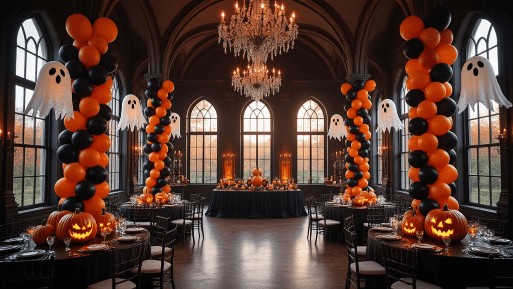 Halloween Balloons: Your Complete Guide to Spooky, Show-Stopping Party Decorations Elegant Halloween ballroom with black and orange balloon columns, gothic windows, cascading garlands, pumpkin centerpieces, flickering candles, and warm golden hour light, creating a luxurious yet spooky atmosphere.